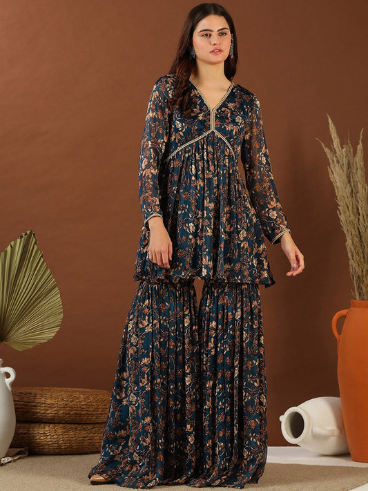 Navy Blue Floral Printed Pleated Gotta Patti Kurti With Sharara