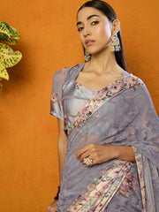 Grey Floral Sequinned Poly Georgette Saree