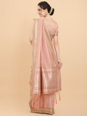 Women Peach Woven Design Organza Saree with Blouse Piece