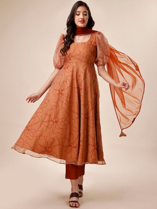 Floral Printed Puff Sleeves Regular Kurta with Trousers & Dupatta