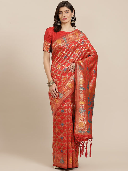 Red & Golden Woven Design Zari Silk Blend Saree