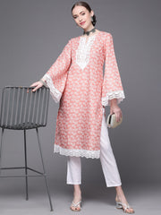 Women Pink Floral Printed Flared Sleeves Thread Work Kurta