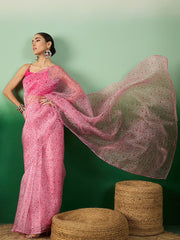 Pink Floral Digital Printed Saree With Blouse Piece