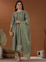 Green Floral Pleated Thread Work Kurta With Trouser & Dupatta