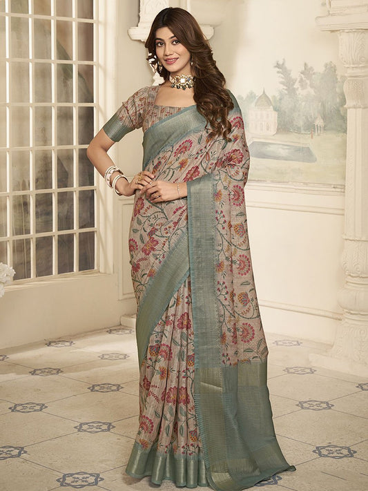 Beige And Grey Ethnic Motifs Sequinned Saree