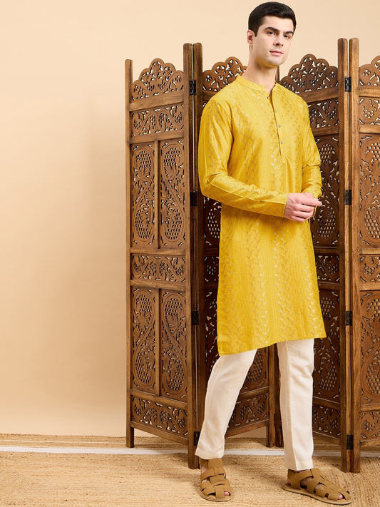 Mustard Striped Embroidered Mandarin Collar Straight Kurta