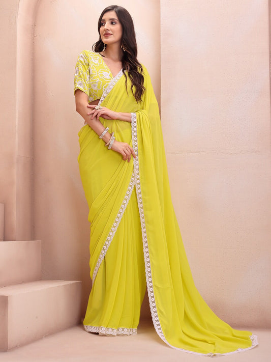 Yellow & White Embroidered Border Saree