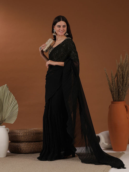 Black Accordian Pleat Ruffles Saree