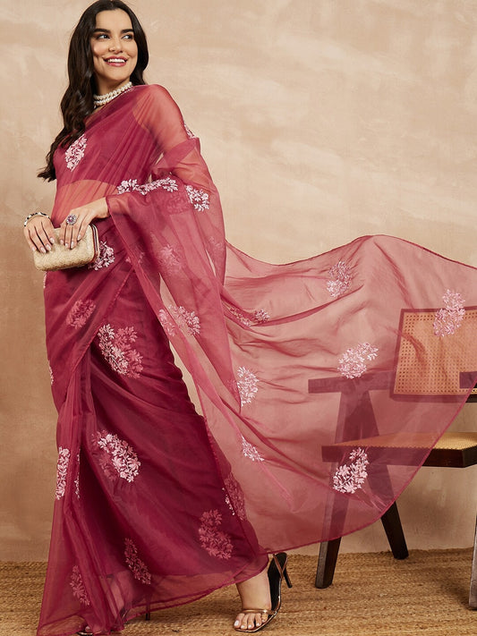 Pink Floral Embroidered Organza Saree