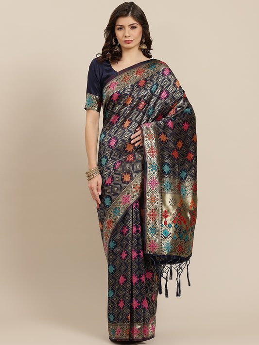 Navy Blue & Golden Woven Design Zari Silk Blend Saree