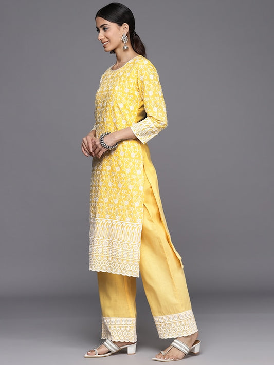 Floral Embroidered Regular Chikankari Kurta With Palazzos & Dupatta