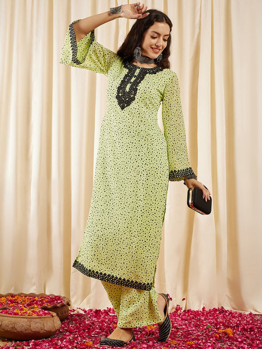 Women Green Printed Regular Thread Work Kurta with Palazzos