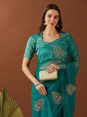 Turquoise Ethnic Motifs Zari Net Saree