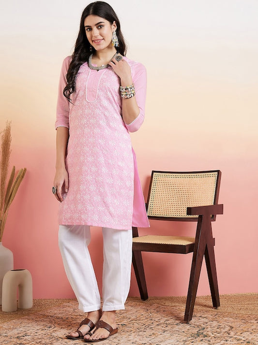 Pink & White Floral Embroidered Straight Kurta & Dhoti Pant