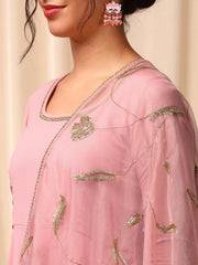 Women Pink Floral Layered Sequinned Kurta with Trousers & With Dupatta