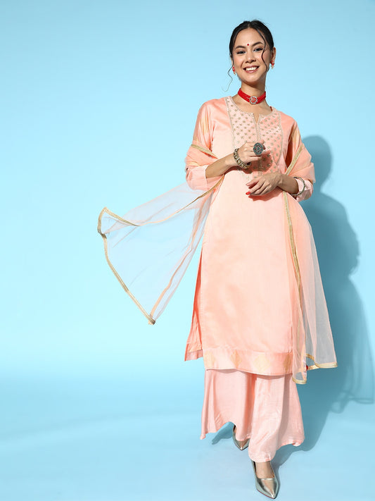 Women Peach Solid Chanderi Cotton Ethereal Embroidery Kurta Set