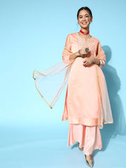 Women Peach Solid Chanderi Cotton Ethereal Embroidery Kurta Set