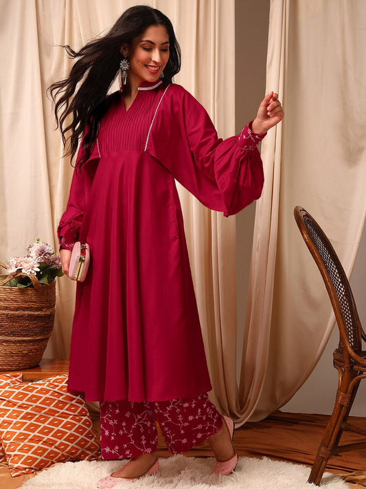 Pink Women Pleated Sequinned Kurta with Palazzos