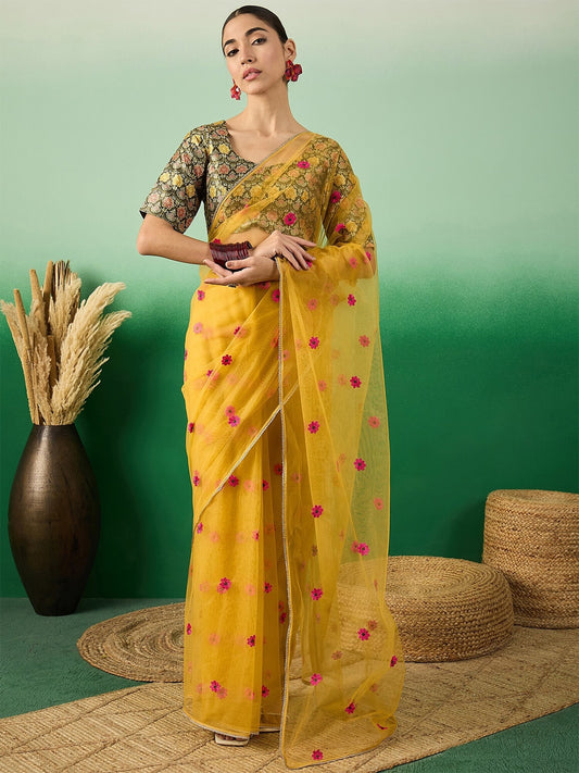 Yellow Floral Embroidered Saree With Brocade Blouse Piece