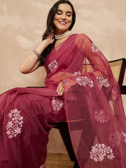 Pink Floral Embroidered Organza Saree