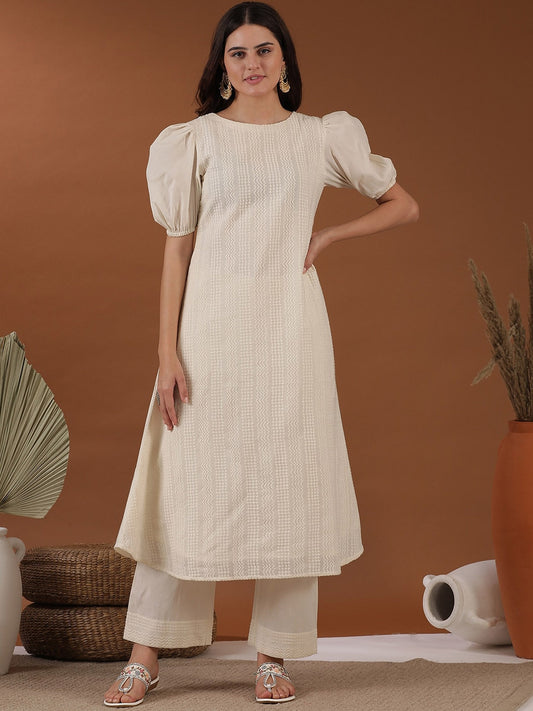 Off White Ethnic Motifs Embroidered Puffed Sleeves Thread Work A-Line Kurta with Palazzos