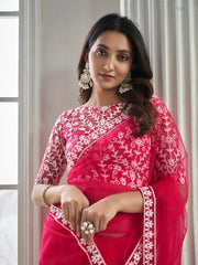 Magenta Floral Embroidered Net Saree