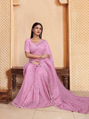 Pink Ethnic motif Embroidered Sequinned Saree