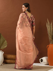 Peach Embroidered Organza Saree