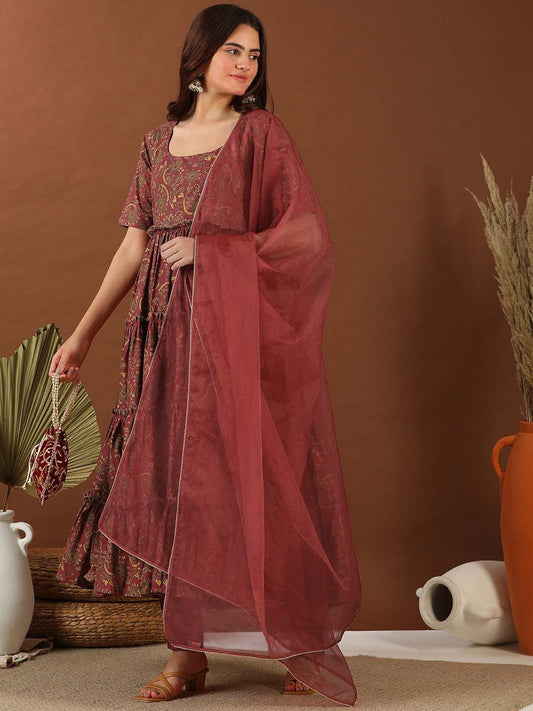 Maroon Floral Printed Tiered Kurta With Trousers & Dupatta