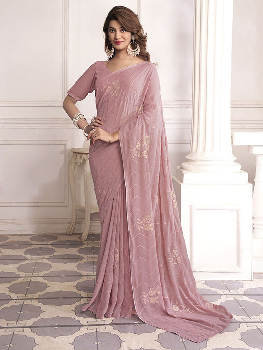 Pink And Gold-Toned Floral Embellished Sequinned Heavy Work Saree