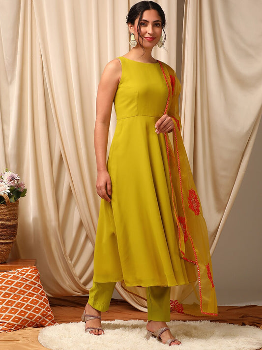 Mustard Color Women Layered Thread Work Kurta with Trousers & With Dupatta