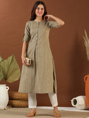 Beige Ethnic Woven Design Roll Up Sleeves Pleated Cotton A-Line Kurta