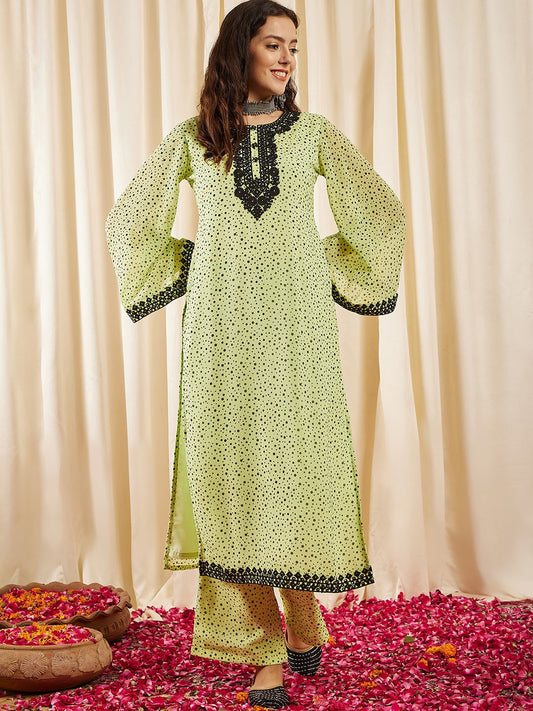 Women Green Printed Regular Thread Work Kurta with Palazzos