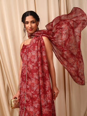 Women Maroon Floral Printed Regular Kurta with Trousers & With Dupatta