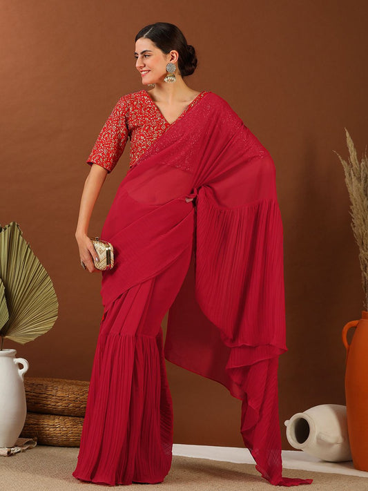 Maroon Accordian Pleat Ruffles Saree