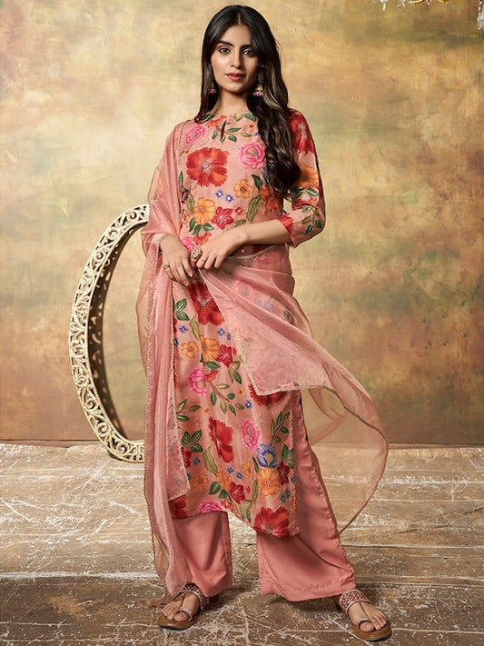 Floral Printed Regular Thread Work Kurta with Palazzos & With Dupatta