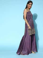 Women Purple Floral Net Ethereal Embroidery Kurta Set