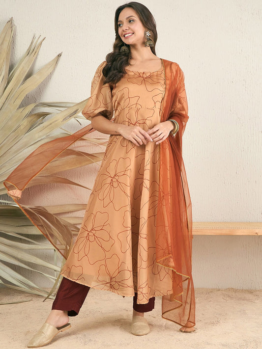 Women Brown Floral Printed Regular Kurta with Trousers & With Dupatta