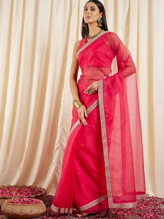 Magenta Embroidered Detail Organza Saree