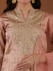 Pink Ethnic Motifs Woven Design Notched Neck Thread Work Kurta with Trousers & Dupatta