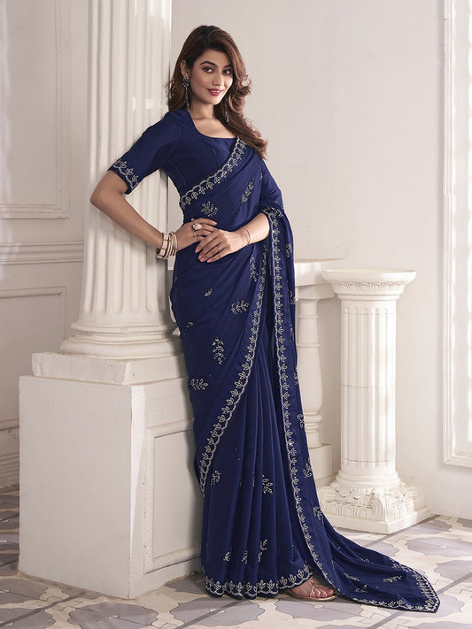 Navy Blue Embellished Beads and Stones Satin Saree