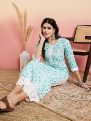 Green Round Neck Ethnic Motifs Printed Chikankari Straight Kurta with Palazzos