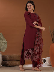 Maroon Floral Zari Embroidered Kurta With Trouser & Dupatta