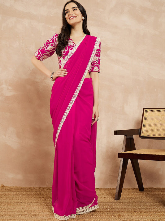 Magenta Embroidered Poly Georgette Saree