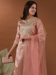 Pink Ethnic Motifs Woven Design Notched Neck Thread Work Kurta with Trousers & Dupatta