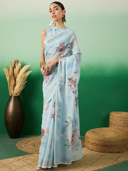 Blue Floral Printed Embellished Linen Blend Saree