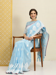 Blue & Off White Ethnic Motifs Rozana Saree