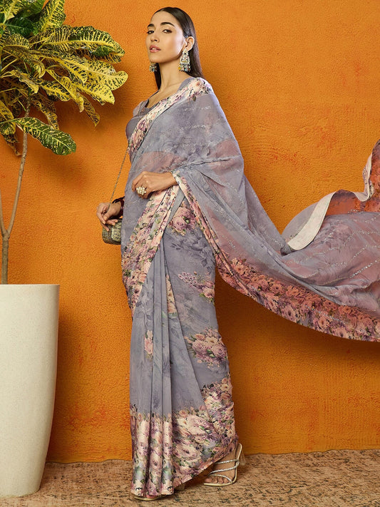 Grey Floral Sequinned Poly Georgette Saree