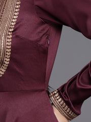 Women Burgundy Yoke Design Satin Anarkali Kurta