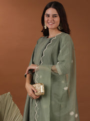 Green Floral Pleated Thread Work Kurta With Trouser & Dupatta